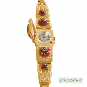 Damenuhr mit roten, floralen Schmuckelementen