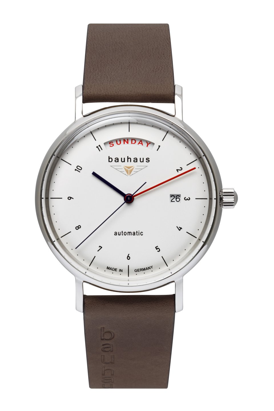 bauhaus Herrenuhr Automatik mit Wochentagsanzeige und Lederarmband