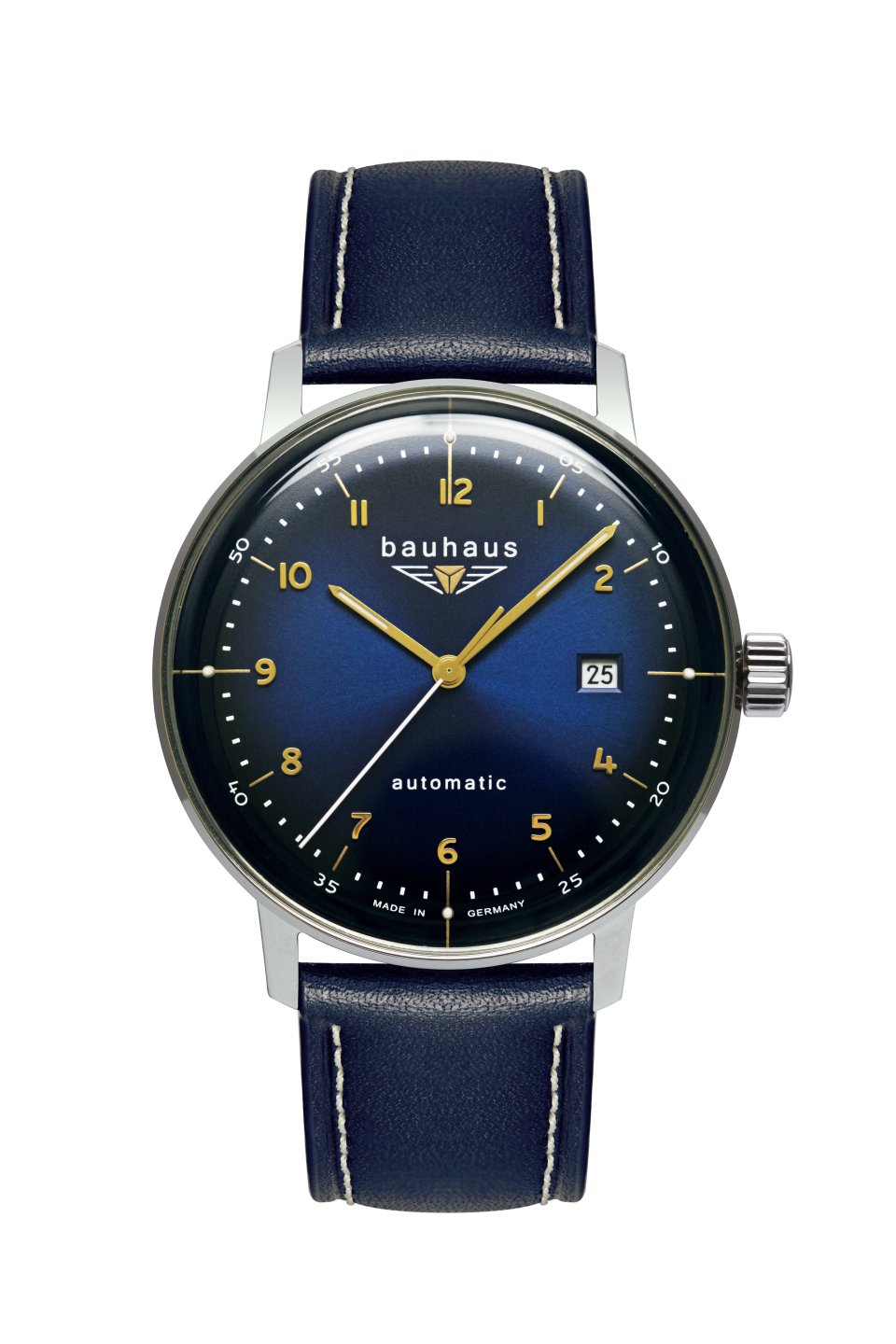 Bauhaus Herrenuhr Automatik mit Datum und blauem Lederarmband