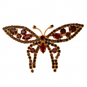 Goldfarbene Schmetterlings-Brosche mit rubinroten Kristallen