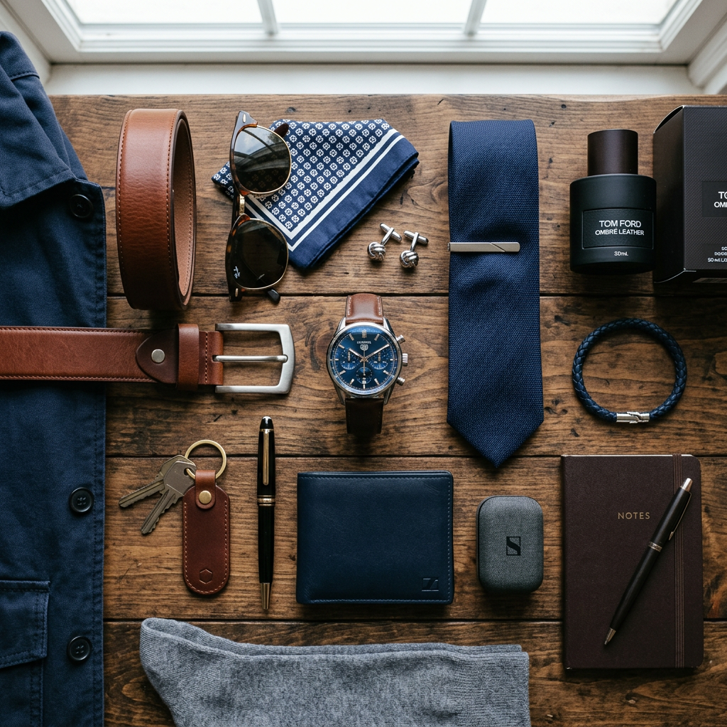 Men's accessories including tie, belt, watch, sunglasses, wallet, pen, cufflinks, cologne, keys, bracelet, notebook, and sweater