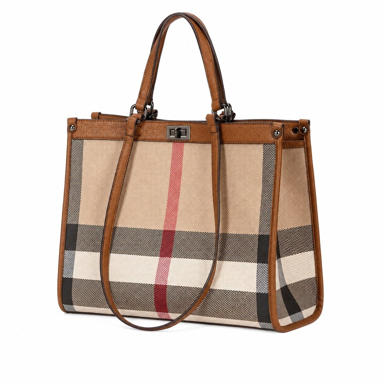 Karierte Damen Shopper-Tasche – Braun/Beige mit Schulterriemen – Bild 3