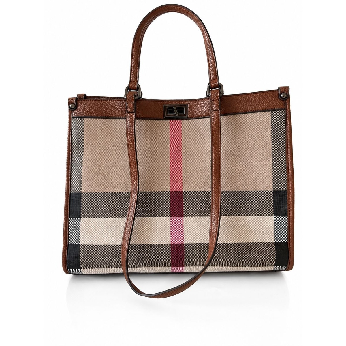 Karierte Damen Shopper-Tasche – Braun/Beige mit Schulterriemen